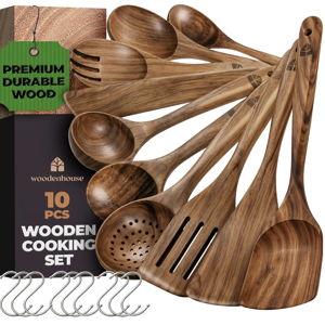 Wooden Spoons for Cooking – 10 Pcs Premium Teak Wooden Utensil Set with Hooks - Durable, Nonstick Safe, Easy to Clean & Heat Resistant with Ergonomic Handles