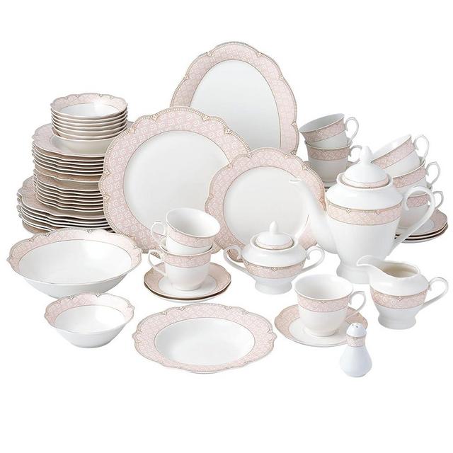 Joseph Sedgh Collection "Sandra" 57-Piece Bone China Dinnerware Set, Service for 8, Blush Pink and Gold