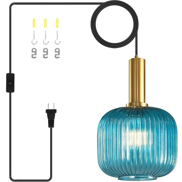 Pobllem Boho Hanging Lamp, Blue Ribbed Glass Pendant Light with On/Off Switch, Coastal Style Plug in Hanging Light Adjustable Ceiling Lighting Fixture for Kitchen, Dining Room, Bedroom, Farmhouse