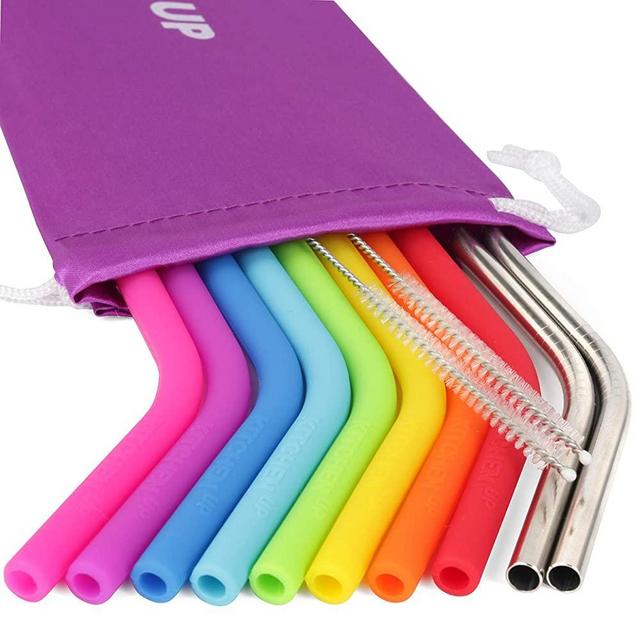 REGULAR SIZE Reusable Straws for 30 oz Tumbler & Stainless Steel Straws Bundle - 8 Silicone Straws + 2 Brushes + 2 Metal Straws - Reusable Straws Extra Long + 1 Storage Pouch