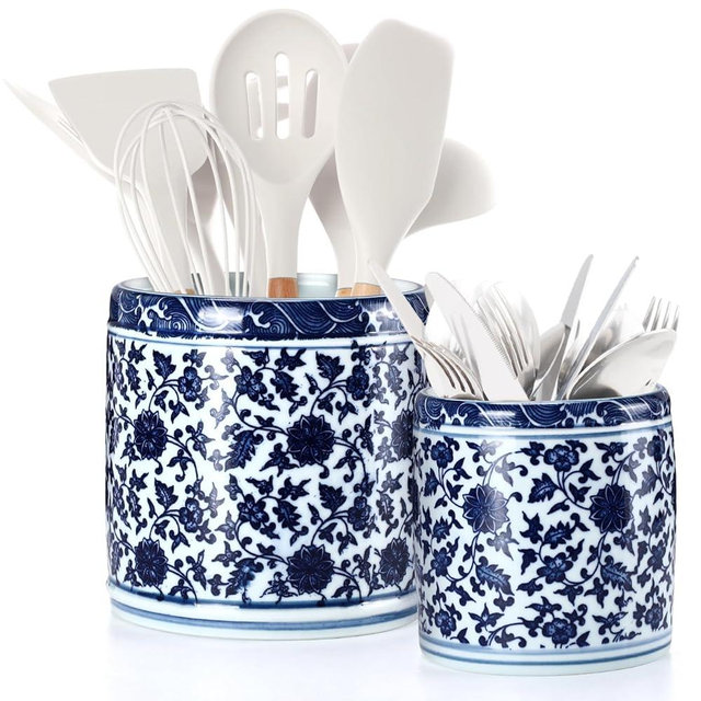 SiliFine 2 Pcs Blue and White Kitchen Utensil Holder 5"+6.1" Ceramic Kitchen Cooking Holder for Countertop Large Utensil Crock for Home Decor Parties Chinoiserie Blue