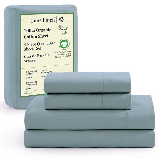 LANE LINEN 100% Organic Cotton Sheets Set, 4Pc Sheet Set Queen Size, Classic Percale Weave, Breathable Queen Cotton Sheet Set, Hotel Luxury Queen Deep Pocket Sheet Set, Oeko-Tex Sheets - French Blue