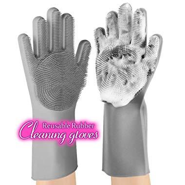 anzoee Reusable Silicone Dishwashing Gloves, Pair of Rubber Scrubbing Gloves for Dishes, Wash Cleaning Gloves with Sponge Scrubbers for Washing Kitchen, Bathroom, Car & More (Gray)