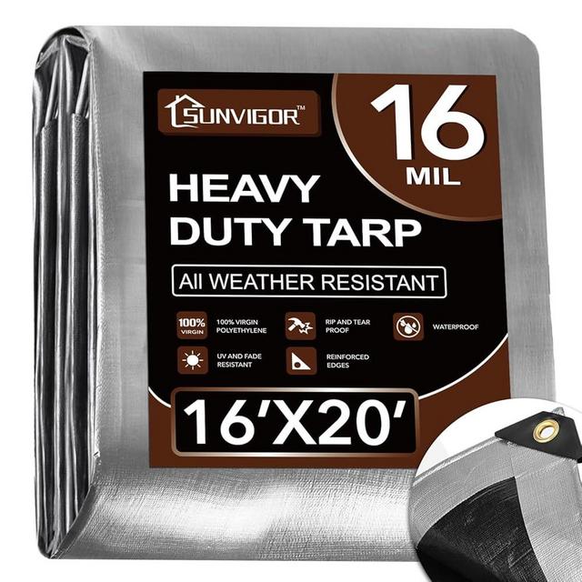 Tarp 16x20FT, Extra Thick 16Mil Heavy Duty Waterproof Tarps with Brass Grommets and Reinforced Edges, Tear & Fade Resistant, 100% UV Blocking Outdoor Tarp for Roof Camping Patio Pool Boat (Silver)