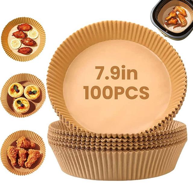 100 PCS Air Fryer Disposable Paper Liners, Oil-Proof Water-Proof Parchment Round Paper Liners, for Baking Cooking Grilling Frying and Roasting Microwave (7.9in)