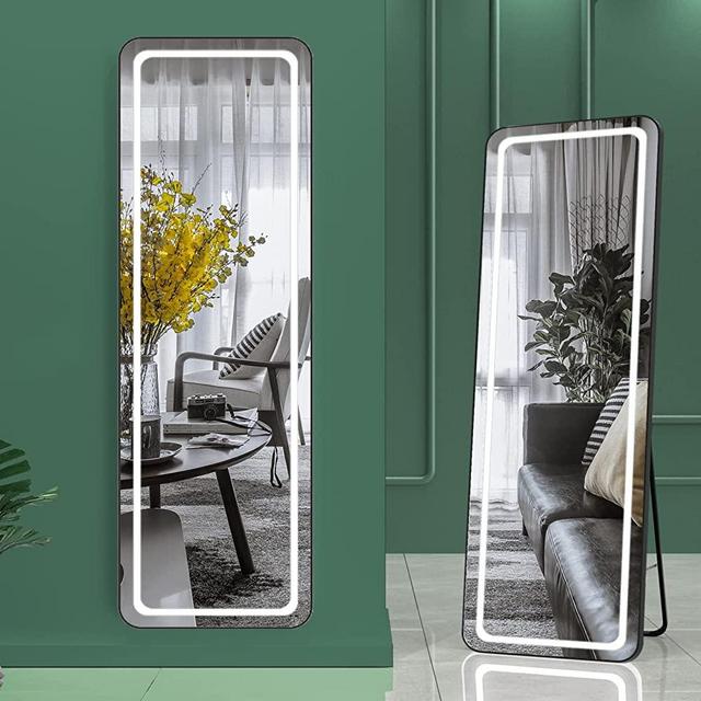 Hasipu Full Length Mirror with Lights, 56" x 16" Lighted Floor Standing LED Mirror Full Length, Full Body Mirror w/ Dimming & 3 Color Lighting Black