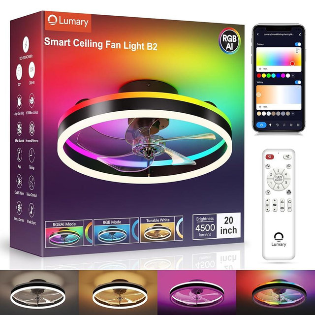 Lumary Smart WiFi Ceiling Fans with Lights, RGBAI Flush Mount Ceiling Fans with Lights and Remote, Dual Lighting Mode Modern LED Low Profile Ceiling Fan for Bedroom Works with Alexa Google, 20in Black