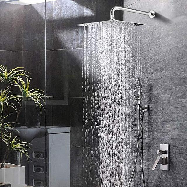 12 inch Rain Shower Head With Extension Arm, NearMoon Square Shower Heads, Large Stainless Steel Rainfall Showerhead-Waterfall Full Body Coverage-Easy To Install (12 Inch Shower Head With 15 Inch Shower Arm)
