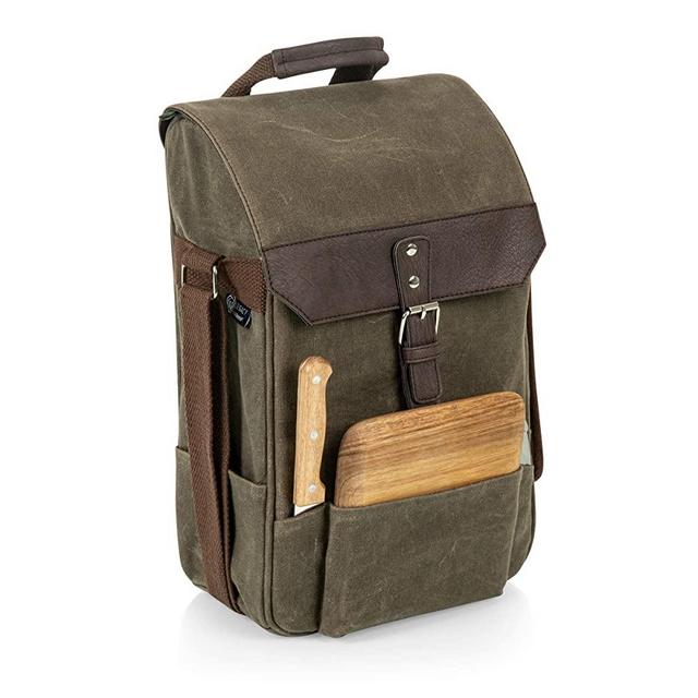 LEGACY - a Picnic Time Brand 2 Bottle Insulated Wine Bag with Cheese Board and Knife Set - Wine Picnic Bag - Waxed Canvas Wine Tote,Khaki/Brown
