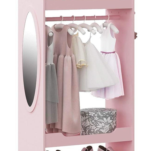 UTEX Kids Dress up Storage with Mirror,Costume Wardrobe for Kids, Open Hanging Armoire Closet,Pretend Storage Closet, Costume Storage Dresser (Pink)