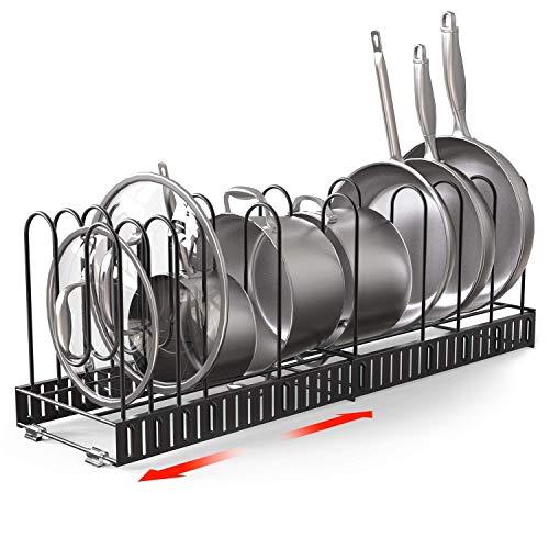 Vdomus Extensible Pot Rack Organizer with 4 DIY Methods, Length Adjustable and Max Extended to 31 inches 13+ Pans Holder, Black Metal Kitchen Cabinet Pantry Pot Lid Holder