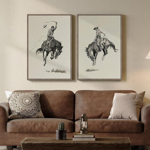 Framed Large Western Cowboy Wall Art Set, 2 Piece Vintage Farmhouse Canvas Prints Paintings, Sketch Style Southwestern Country Picture Artwork for Living Room Bedroom Hallways Wall Decor, 16x24 Inch