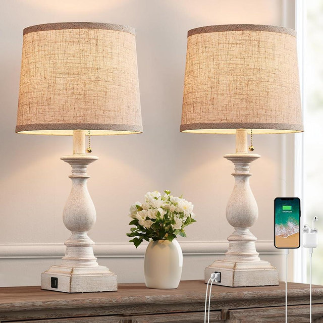 HUITICO 21.5'' Bedside Table Lamps for Bedroom Set of 2 Nightstand Lamps with USB A + C Charging Ports Modern Farmhouse Small Table Lamps for Living Room End Tables, White, Bulbs Not Included