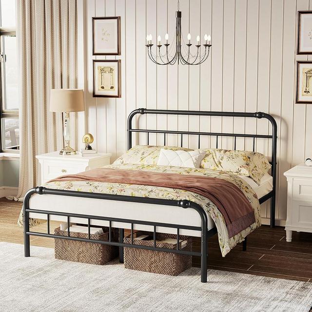 ZIYOO Metal King Size Bed Frame with Vintage Headboard and Footboard, 14 Inch High, Heavy Duty 3500 Pounds Support No Box Spring Needed Platform, Non-Slip and Noise-Free, Easy Assembly Black