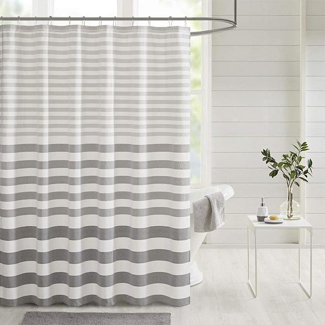 Madison Park Aviana Shower Curtain, Yarn Dyed Woven Stipe Design, Modern Bathroom Decor, Machine Washable, Fabric Privacy Screen 72x72, Grey