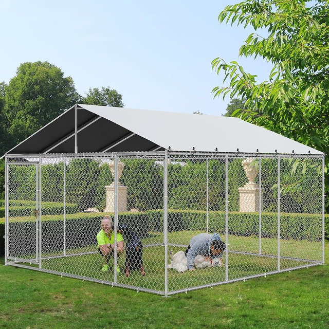 YITAHOME 14.8'x14.8' Large Outdoor Dog Enclosure with Metal Dog Gate, Dog Kennel Outside with Roof, Dog Fence Outdoor for Yard