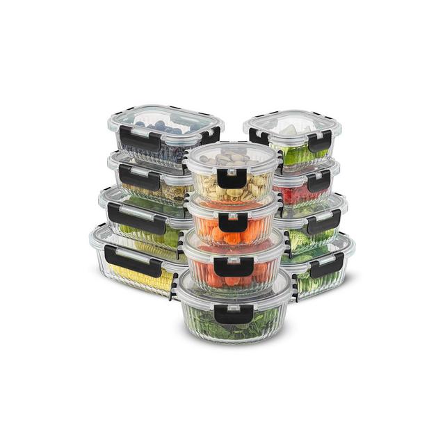 JoyJolt 24 Piece Fluted Glass Food Storage Containers with Leakproof Lids Set - Black