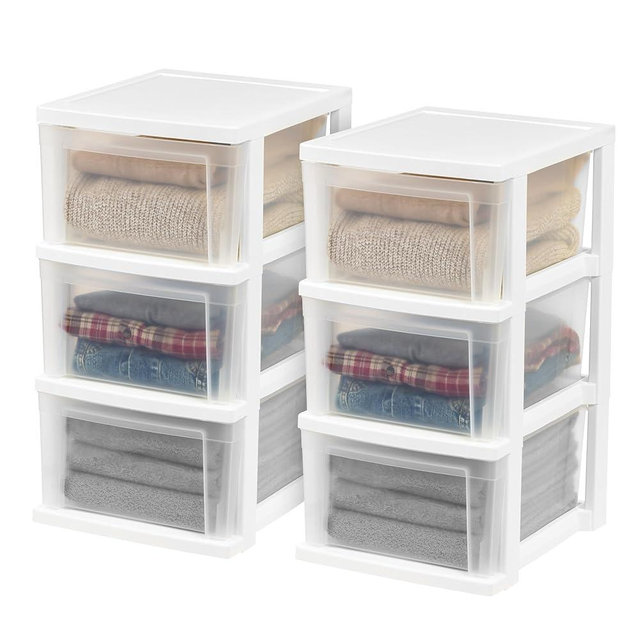 IRIS USA Plastic 3-Drawer Storage Organizer, 2-Pack, for Classroom Art Supplies Dresser Closet Bathroom Dorm Bedroom Laundry Room, Slim Narrow, White/Clear