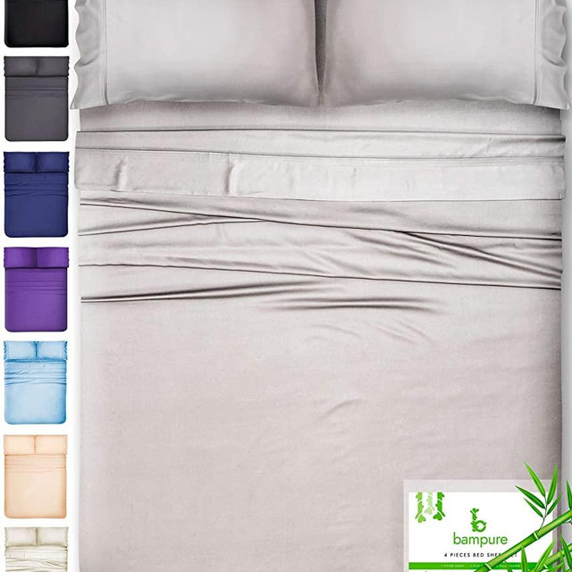 BAMPURE Bamboo Sheets King Size Sheets - 100% Organic Bamboo King Sheets Cooling Sheets King Deep Pocket King Bed Sheets King Size Sheet Set King Size Bed Sheets Deep Pocket King Sheets Light Gray