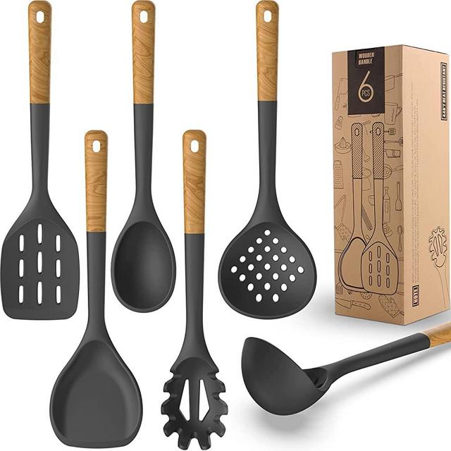Large Silicone Cooking Utensils - Heat Resistant Kitchen Utensil Set with Wooden Handles, Spatula,Turner, Slotted Spoon, Pasta server, Kitchen Gadgets Tools Sets for Non-Stick Cookware (Grey)