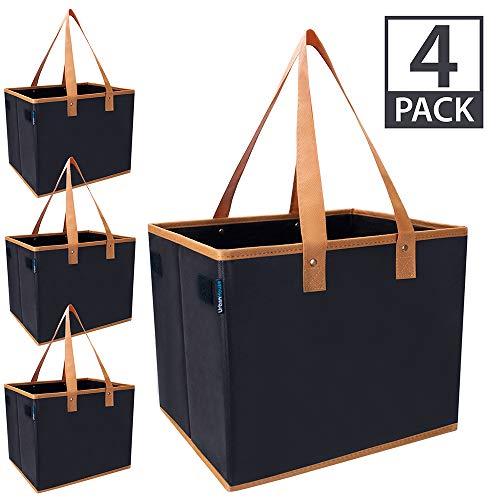 Urban House AUH-SB4BK Large Collapsible Grocery Shopping Tote Box with Reinforced Bottom, 14”L x 11”W x 11”H (Pack of 4), Black with Brown Trim
