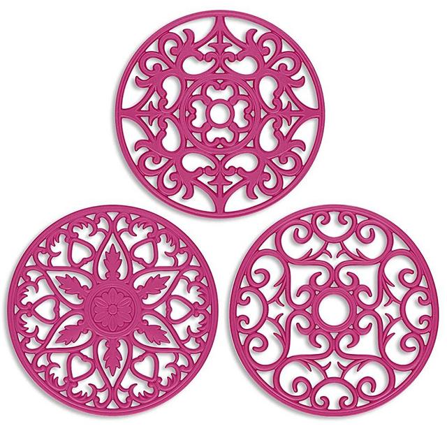ME.FAN 3 Set Silicone Multi-Use Intricately Carved Trivet Mat - Insulated Flexible Durable Non Slip Coasters (Fuscia)