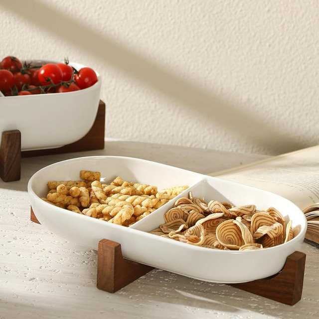 AYUCIA Divided Ceramic Serving Plate with Acacia Wood Base, Appetizers Platter for Home Decor(2-Compartment Plate), 12inch Divided Plate for Snack, Dessert, Fruit, Chip and Dip Serving Set