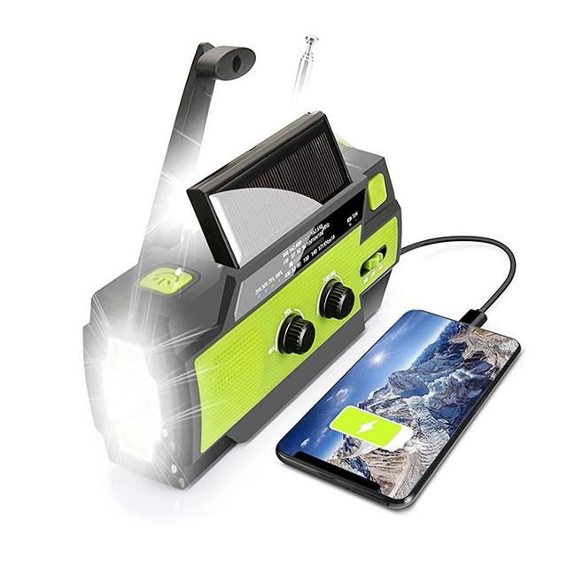 【2021 Upgraded】 Emergency Solar Hand Crank Portable Weather Radio, with AM FM WB, 3 LED Flashlights, Motion Sensor, Reading Lamp, SOS Alarm, 4000mAH Rechargeable Battery USB Charger (Green)