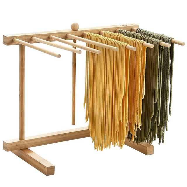 8SOM Bamboo Pasta Drying Rack with 8 Bars and Transfer Wand, Easy to Transfer for Drying Pasta and Cooking, Special Suspension Design for Large Storage