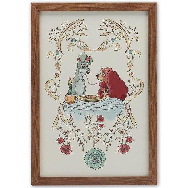 Disney Lady and the Tramp Spaghetti Scene Framed Wood Wall Decor - Romantic Classic Movie Wall Art for Home