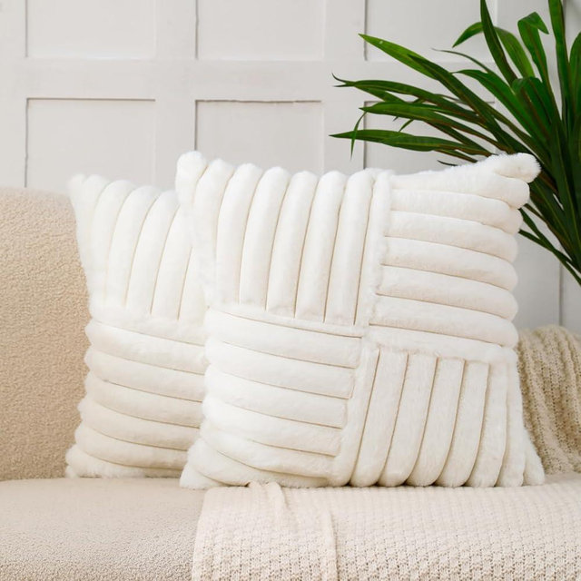 All Smiles Couch Decorative Throw Pillow Covers 18x18 Set of 2 Faux Fur Plush Soft Fluffy Velvet Cushion Case Cozy Fuzzy Striped Pillowcase Home Decor for Bed Sofa Living Room,Cream White