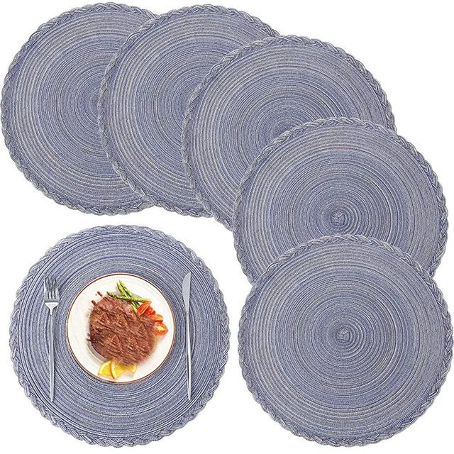 U'COVER Round Placemats for Dining Table Set of 6, Cotton Woven Placemats Non Slip Heat Resistant Washable Place Mats Table Protective Decor Mat 15 inch (Grey Blue, 6)