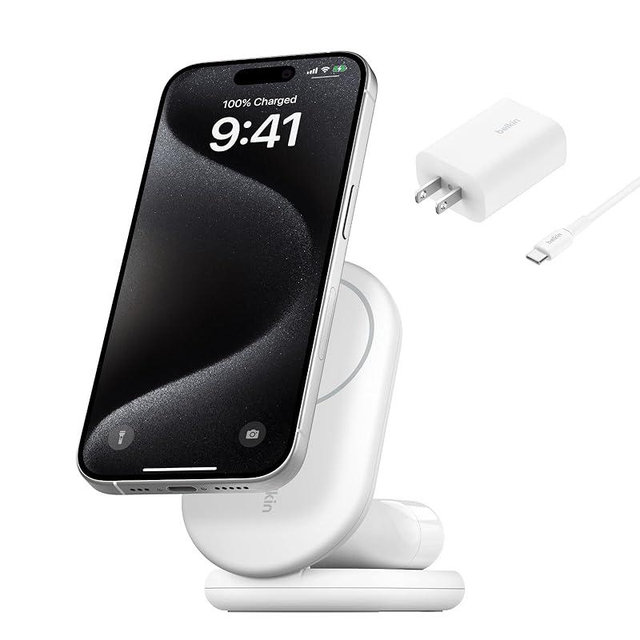 Belkin MagSafe-Compatible Charger, 2-in-1 Magnetic Foldable Charger 15W - Qi2-Certified Wireless Charging for Apple iPhone 16, Apple Watch, Samsung Galaxy S25 w/Non-Slip Base, PSU Included - White