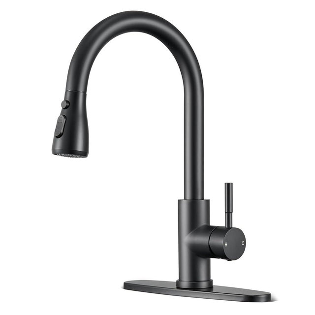 SOEBIZ Kitchen Faucets with Pull Down Sprayer, High Arc Single Handle Stainless Steel Commercial Kitchen Faucet 1 or 3 Hole Sink Faucet for Farmhouse Camper Laundry Rv Bar, Black