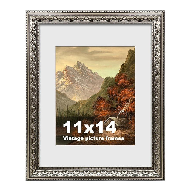 BSRHOME 11x14 Vintage Picture Frames,Antique Picture Frame with White Mat for 8x10 Picture, Ornate Picture Frame for Wall Decor,1 Pack Silver Frame,Silver