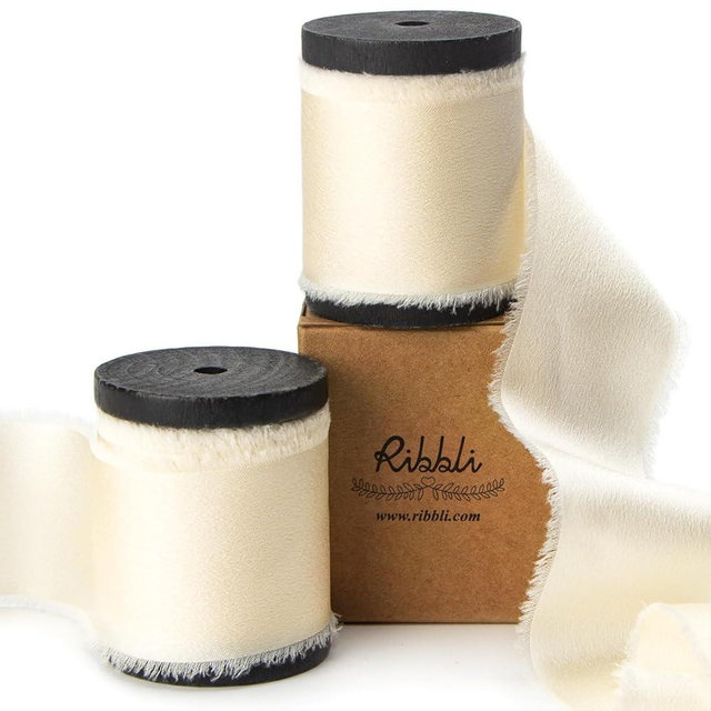 Ribbli Ivory Silk Satin Ribbon 1.5 Inch x 12 Yard Handmade Frayed Chiffon Ribbon with Wooden Spool Cream Ribbon for Gift Wrapping Wedding Invitations Bridal Bouquets Home Decor