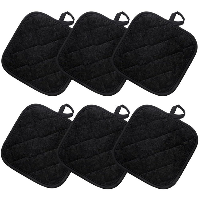 6pcs Pot Holders for Kitchen, Cotton Kitchen Hot Pads, Heat Resistant Oven Mitts and Pot Holders Sets(Black,6)
