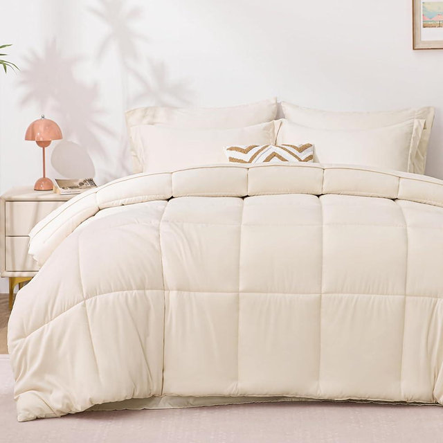 Love's cabin King Size Comforter Set Beige, 7 Pieces King Bed in a Bag, All Season Bedding Sets with 1 Comforter, 1 Flat Sheet, 1 Fitted Sheet, 2 Pillowcase and 2 Pillow Sham