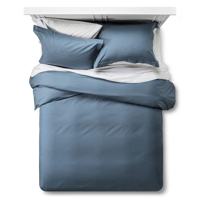 Feather & Stitch Queen Size Duvet Cover Set, 500 Thread Count Damask Stripe 3 Piece Full Size Duvet Insert Cover Set, 100% Cotton Comforter Cover, 2 Pillow Shams, Zipper Closure - Blue