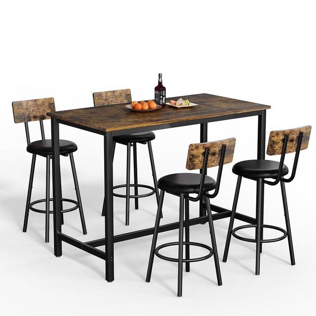 COCLUB Kitchen Table Set for 4, Industrial Bistro Bar Height Table and Chairs Behind Couch, Breakfast Nook Table Set, PU Leather Small Dining Table Set for Restaurant (Brown, 1 Table & 4 Chairs)