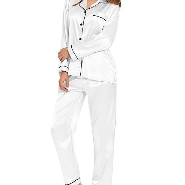 SWOMOG Womens Silk Satin Pajamas Loungewear Two-piece Sleepwear Button-Down Pj Set