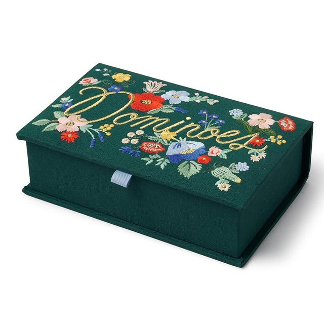 RIFLE PAPER CO. Dominoes Set | 28 Dominoes with Illustrated Designs, Packaged in Embroidered Keepsake Box, Includes Instruction Card, Strawberry Fields