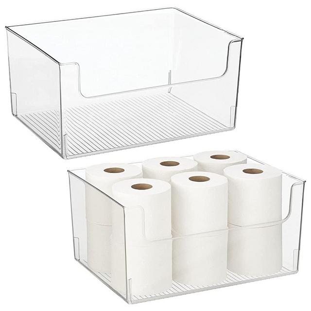 mDesign Plastic Open Front Bathroom Storage Bin Organizer for Body Wash, Shampoo, Lotion, Conditioner, Hand Towel, Toilet Paper, Hair Brush, Mouthwash - 16" Wide, 2 Pack - Clear
