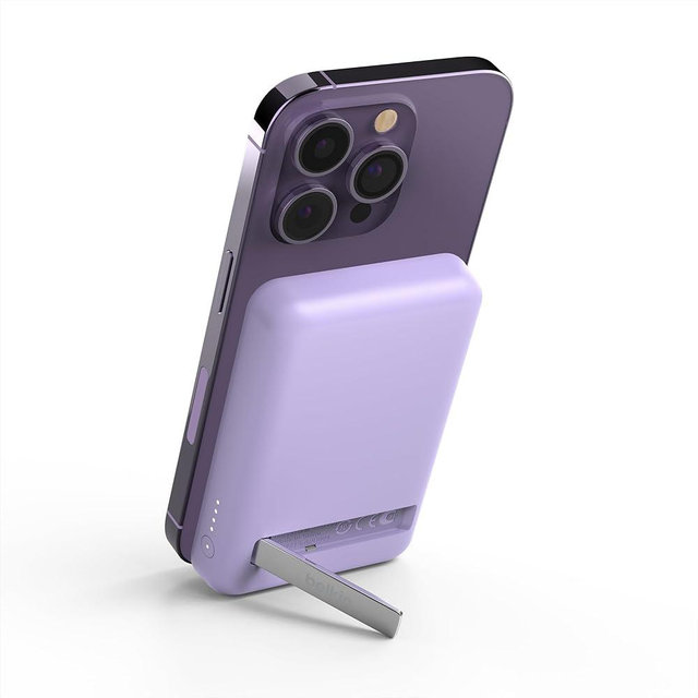 Belkin Portable Charger, Wireless Power Bank 5000 mAh MagSafe Charger 7.5W, Built-in Pop-up Kickstand - Compatible w/iPhone 17, Air, Pro, Pro Max, iPhone 16, AirPods, Google Pixel 10, etc. - Purple