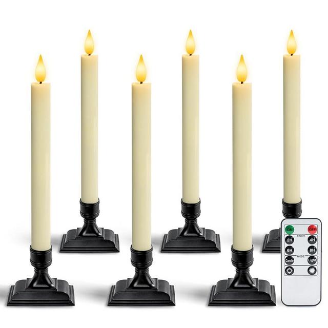 Homemory Real Wax Window Candles with Remote Timer Dimmer, Flameless Taper Candles with Holders, Christmas Candle for Window Battery Operated, LED Candlesticks for Home Holiday Decor,6 Pcs Ivory