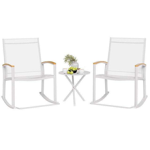Shintenchi 3 Piece Outdoor Rocking Bistro Set, Textilene Fabric Small Patio Furniture Set, Front Porch Rocker Chairs Conversation Set with Table for Lawn, Garden, Balcony, Poolside (White)