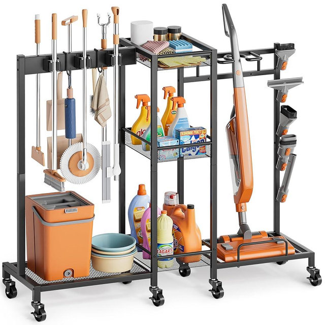 Broom Holder with Cleaning Supplies Organizer, Broom Closet Storage Cabinet with Cleaning Caddy Vacuum Stand, Cleaning Cart with Mop Hanger Gripper Rack Hook, Laundry Room Organization Home Essentials
