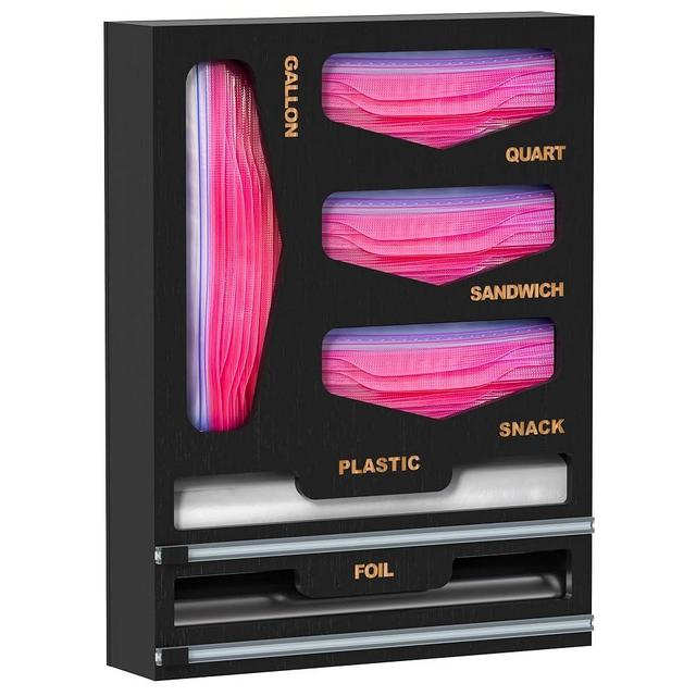 DALSHABET Bamboo Bag Organizer with Magnetic Closure, 6 In 1 Kitchen Drawer Foil and Plastic Wrap Dispenser with Cutter, Storage bag for Gallon, Quart, Sandwich, Snack Black