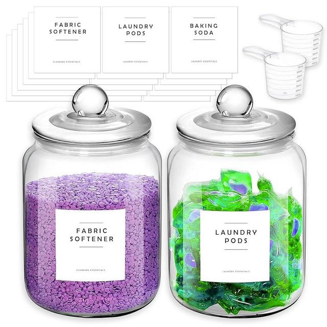 VABE - Glass Jars laundry containers for organizing - 2 Half Gallon Glass Jars for Laundry Detergent Container -2 Scoops & 36 Labels for glass laundry storage containers, Laundry Pods Container