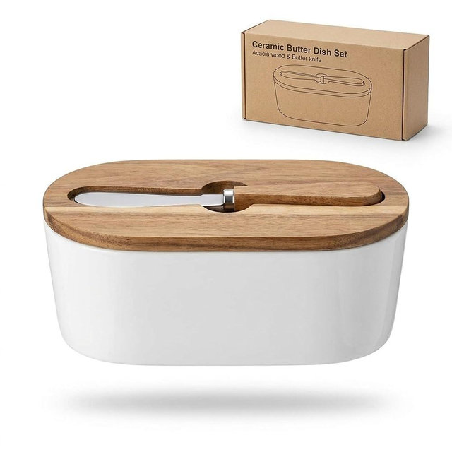 Butter Dish with Lid – Acacia Wood Cover & Ceramic Base, Butter Holder for Counter with Butter Knife Included, Farmhouse Butter Keeper for Softened Butter